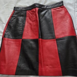 Elegant Red and Black A-Line Leather Skirt. 28 1/2" around the Waist. And  18" L